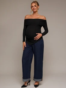 SHEIN Maternity Minimalist Asymmetrical Hem Off-Shoulder T-Shirt - Black - View 8