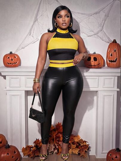 Slaydiva Spring/Autumn New Street Sexy, Holiday, Cosplay, Party, Halloween Occasions Hot Girl Bee Style Slim Fit Sleeveless High Neck Black & Yellow Striped Tank Top And PU Skinny Long Pants Women Plus Size 2 Pieces Set-A
