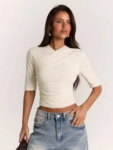 SHEIN BAE Autumn/Winter Solid Apricot Color Deep Wrap Mid-Length Three-Quarter Sleeve Women's Mesh Top, Three-Quarter Sleeve Top Cream White - Apricot - View 1