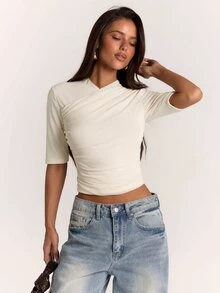 SHEIN BAE Autumn/Winter Solid Apricot Color Deep Wrap Mid-Length Three-Quarter Sleeve Women's Mesh Top, Three-Quarter Sleeve Top Cream White - Apricot - View 6