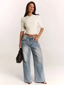SHEIN BAE Autumn/Winter Solid Apricot Color Deep Wrap Mid-Length Three-Quarter Sleeve Women's Mesh Top, Three-Quarter Sleeve Top Cream White - Apricot - View 4