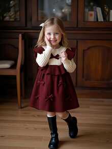 SHEIN Young Girl Young Girl Two Tone Bow Front Ruffle Trim 2 In 1 Sweater Dress - Burgundy - View 3