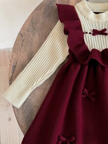 SHEIN Young Girl Young Girl Two Tone Bow Front Ruffle Trim 2 In 1 Sweater Dress - Burgundy - View 8