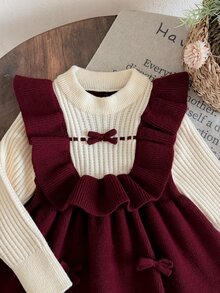 SHEIN Young Girl Young Girl Two Tone Bow Front Ruffle Trim 2 In 1 Sweater Dress - Burgundy - View 6