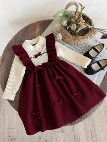 SHEIN Young Girl Young Girl Two Tone Bow Front Ruffle Trim 2 In 1 Sweater Dress - Burgundy - View 7