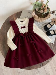 SHEIN Young Girl Young Girl Two Tone Bow Front Ruffle Trim 2 In 1 Sweater Dress - Burgundy - View 4