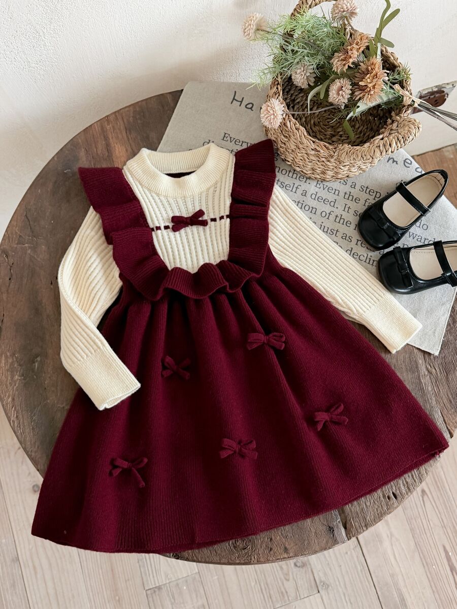 SHEIN Young Girl Young Girl Two Tone Bow Front Ruffle Trim 2 In 1 Sweater Dress