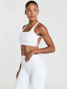 11SKNDS Square Neck Strappy Crossback Sports Bra With Elasticated Underband Racerback Design Removable Cups Low Impact Yoga With Sweat-Wicking, Stretchy, Breathable & Buttery-Soft, For Gym Workout Fitness Pilates Studio, Running, Training & Hy-Rox - White - View 3