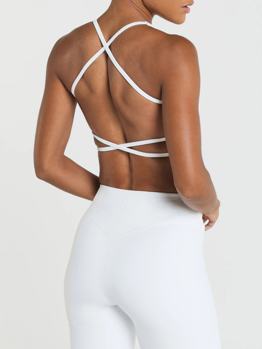 11SKNDS Square Neck Strappy Crossback Sports Bra With Elasticated Underband Racerback Design Removable Cups Low Impact Yoga With Sweat-Wicking, Stretchy, Breathable & Buttery-Soft, For Gym Workout Fitness Pilates Studio, Running, Training & Hy-Rox - White - View 1