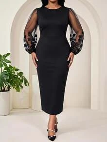 SHEIN Lady Plus Size Elegant Party Floral Embroidered Mesh Patchwork Dress - Black - View 3