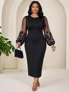 SHEIN Lady Plus Size Elegant Party Floral Embroidered Mesh Patchwork Dress - Black - View 7