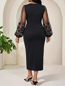 SHEIN Lady Plus Size Elegant Party Floral Embroidered Mesh Patchwork Dress - Black - View 2