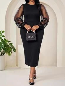 SHEIN Lady Plus Size Elegant Party Floral Embroidered Mesh Patchwork Dress - Black - View 5