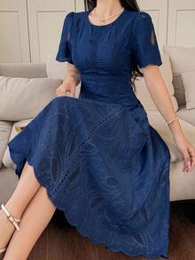 DAZY Women's Elegant Floral Lace Round Neck Petal Sleeve Mid-Length Dress, Summer Sundress - Navy Blue - View 1