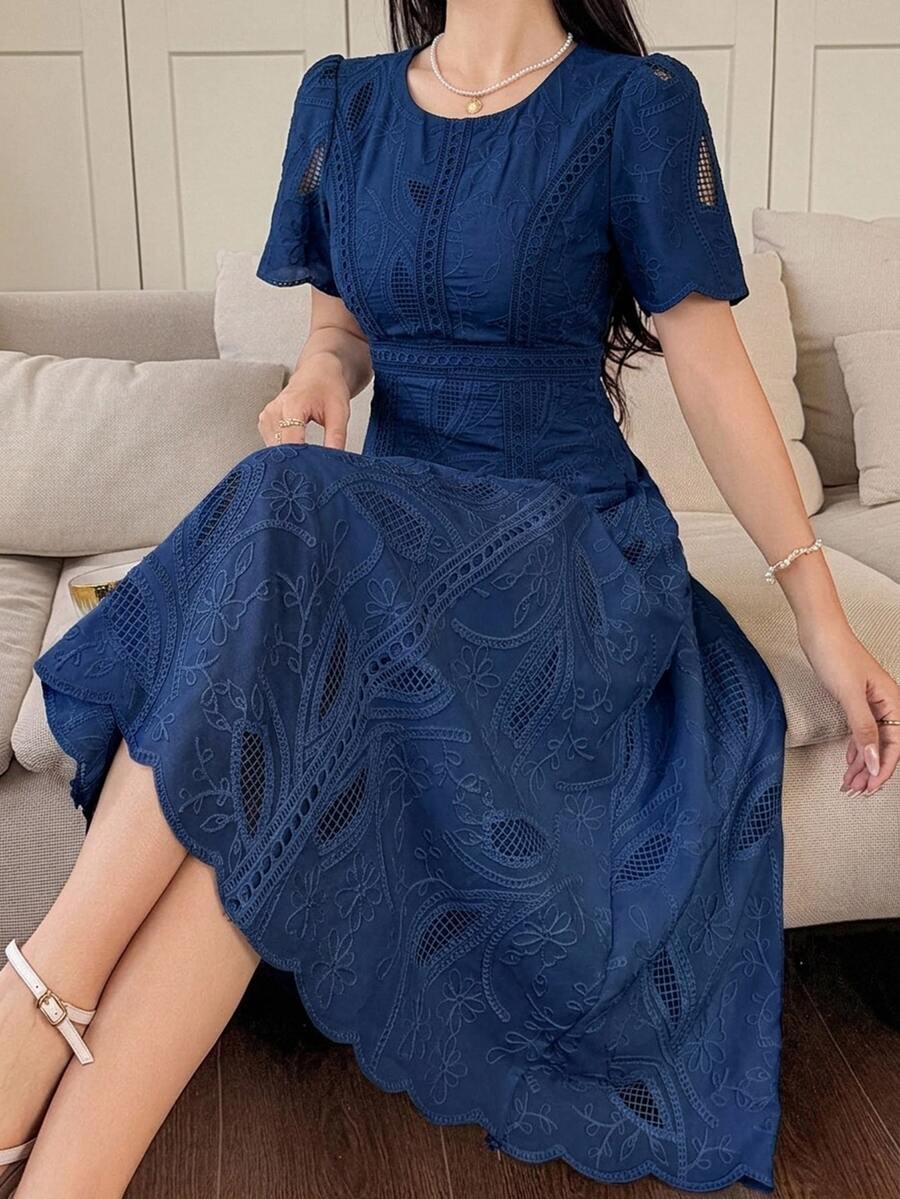 DAZY Women's Elegant Floral Lace Round Neck Petal Sleeve Mid-Length Dress, Summer Sundress - Navy Blue - View 1