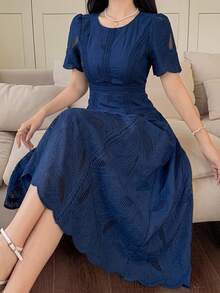 DAZY Women's Elegant Floral Lace Round Neck Petal Sleeve Mid-Length Dress, Summer Sundress - Navy Blue - View 6