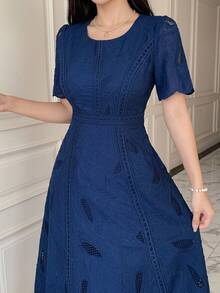 DAZY Women's Elegant Floral Lace Round Neck Petal Sleeve Mid-Length Dress, Summer Sundress - Navy Blue - View 5