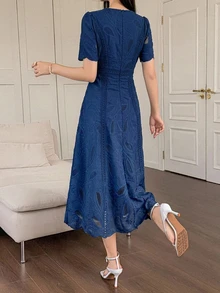 DAZY Women's Elegant Floral Lace Round Neck Petal Sleeve Mid-Length Dress, Summer Sundress - Navy Blue - View 2