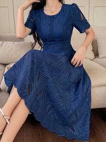 DAZY Women's Elegant Floral Lace Round Neck Petal Sleeve Mid-Length Dress, Summer Sundress - Navy Blue - View 3