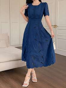 DAZY Women's Elegant Floral Lace Round Neck Petal Sleeve Mid-Length Dress, Summer Sundress - Navy Blue - View 4