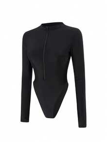 Swim SPRTY Springbreak Sports Style New Black Zip-Up Long Sleeve Fingerless Rash Guard For Women For Summer Beach Vacation - Black - View 7