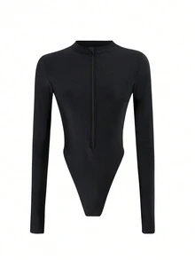 Swim SPRTY Springbreak Sports Style New Black Zip-Up Long Sleeve Fingerless Rash Guard For Women For Summer Beach Vacation - Black - View 6
