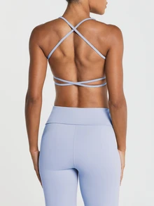 11SKNDS Strappy Crossback Sports Bra With Square Neck And Elastic Band Detail For Active Training With Sweat-Wicking, Stretchy, Breathable, Buttery-Soft, Low Impact Support & Removable Cups, For Gym Workout Fitness Yoga Pilates Studio, Running & Hy-Rox - Dusty Blue - View 2
