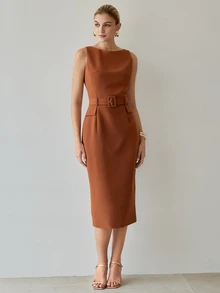 MOTF Tall WOMEN'S TALL ELEGANT WOVEN WOMEN'S BELTED DRESS - Brown - View 5