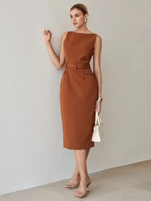MOTF Tall WOMEN'S TALL ELEGANT WOVEN WOMEN'S BELTED DRESS - Brown - View 7