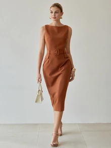 MOTF Tall WOMEN'S TALL ELEGANT WOVEN WOMEN'S BELTED DRESS - Brown - View 4