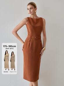 MOTF Tall WOMEN'S TALL ELEGANT WOVEN WOMEN'S BELTED DRESS - Brown - View 1