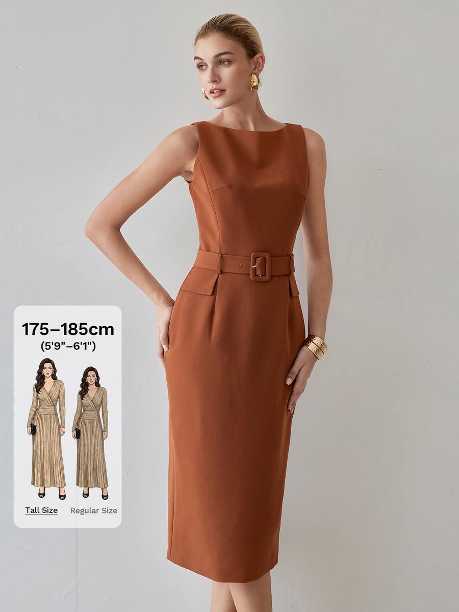 MOTF Tall WOMEN'S TALL ELEGANT WOVEN WOMEN'S BELTED DRESS - Brown - View 1