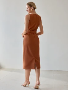 MOTF Tall WOMEN'S TALL ELEGANT WOVEN WOMEN'S BELTED DRESS - Brown - View 6
