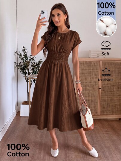 EMERY ROSE Women's Vintage Tropical Casual Vacation Pleated Round Neck Dress Beach Picnic Vacation Vacation Street Style Coffee Brown Summer Coffee Brown Summer