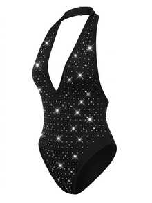 SHEIN SXY Black Sexy Diamond Halter Neck Bodysuit,Party,New Year ,Night Out,Club - Black - View 4