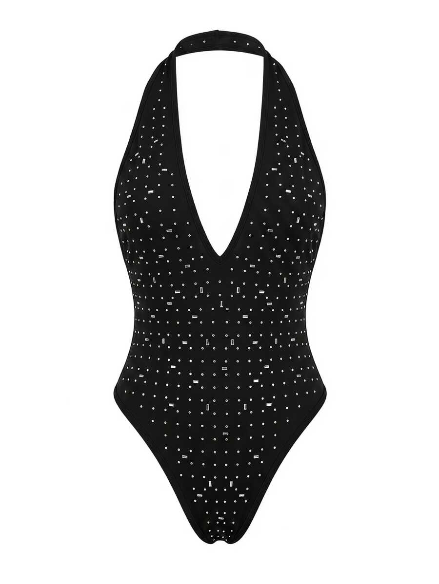 SHEIN SXY Black Sexy Diamond Halter Neck Bodysuit,Party,New Year ,Night Out,Club