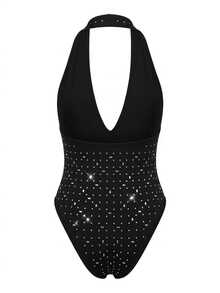 SHEIN SXY Black Sexy Diamond Halter Neck Bodysuit,Party,New Year ,Night Out,Club - Black - View 3