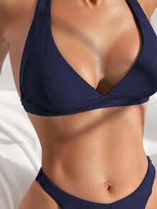 SHEIN Swim 夏季海滩女士纯色吊带比基尼套装 - 藏蓝色 - 查看 5