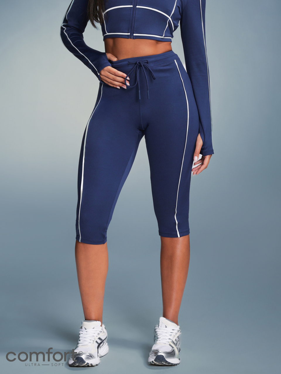 11SKNDS Navy Blue Cropped Leggings With White Contrast Piping Side Seam Detail High Rise Drawstring Waist Capri Length With Sweat-Wicking, Stretchy, Buttery-Soft, Tummy Control, Sculpting Fit & Butt-Lifting, For Gym Workout Fitness Yoga Pilates Studio, Running, Training & Hy-Rox