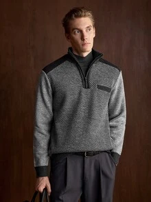 Manfinity Homme 男士保暖內裡四分之一拉鍊套頭毛衣，純色針織針織布，灰色，秋季，休閒，徒步秋冬上衣，情人節適用 - 灰色 - 查看 3