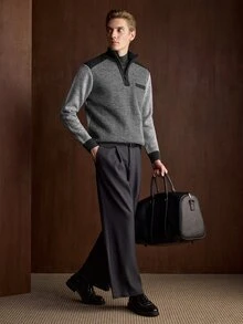 Manfinity Homme 男士保暖內裡四分之一拉鍊套頭毛衣，純色針織針織布，灰色，秋季，休閒，徒步秋冬上衣，情人節適用 - 灰色 - 查看 4