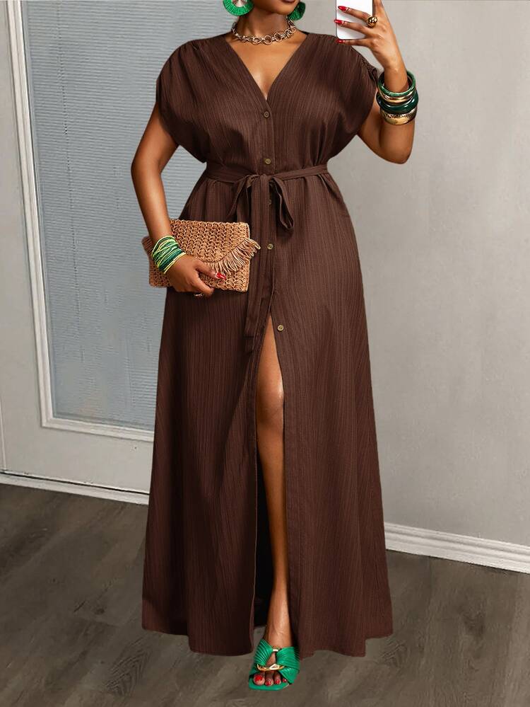 Veslaya Plus Size Solid Color Front Button Belted Short Sleeve Dress - Brown - View 13