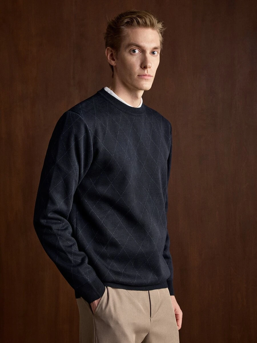 Manfinity CityGents Sweater Pria Kasual Leher Bulat Motif Berlian dengan Lapisan Termal, Musim Gugur/Dingin - Krem - View 1