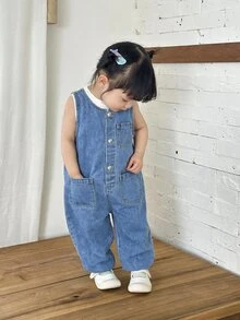 SHEIN Baby Girl Dark Blue Denim Sleeveless White Striped One-Piece Tapered Pants - Light Wash - View 6