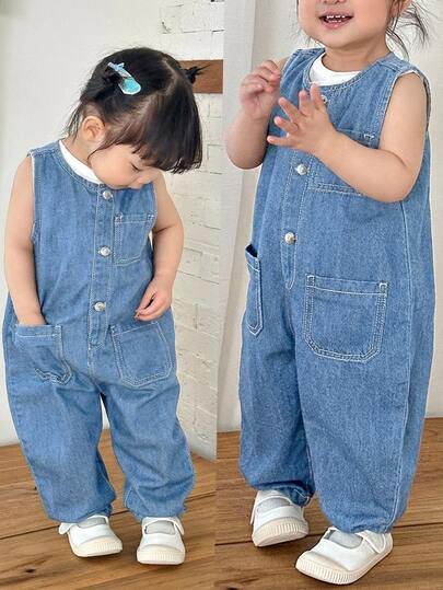 SHEIN Baby Girl Dark Blue Denim Sleeveless White Striped One-Piece Tapered Pants