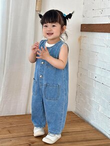 SHEIN Baby Girl Dark Blue Denim Sleeveless White Striped One-Piece Tapered Pants - Light Wash - View 8