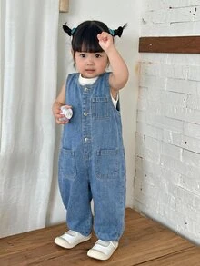 SHEIN Baby Girl Dark Blue Denim Sleeveless White Striped One-Piece Tapered Pants - Light Wash - View 7