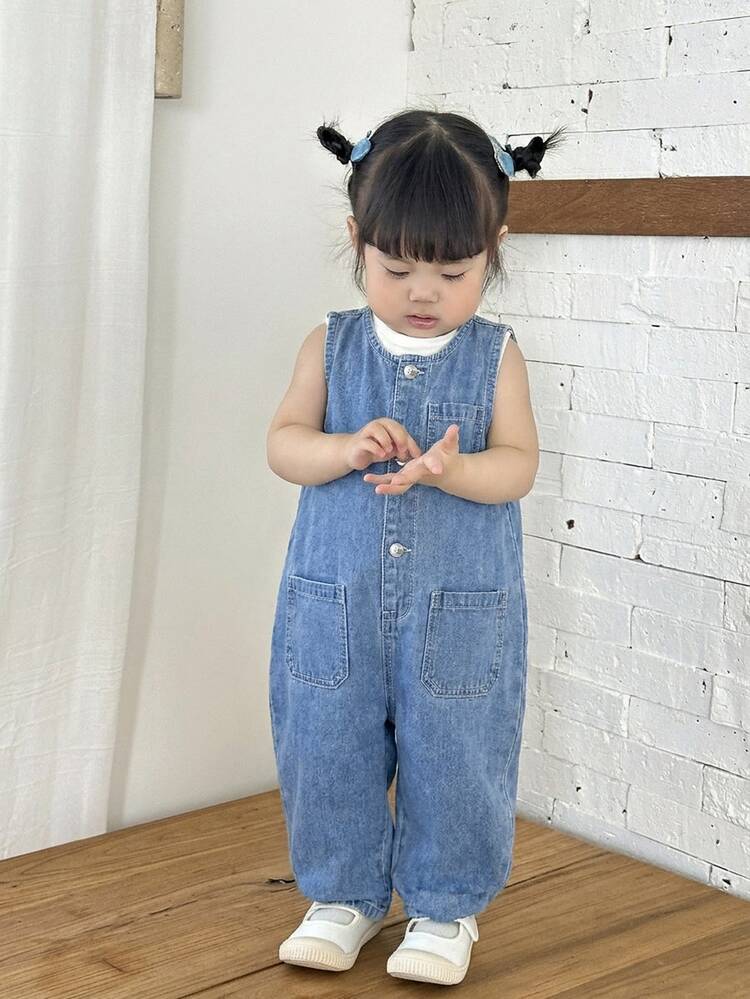 SHEIN Baby Girl Dark Blue Denim Sleeveless White Striped One-Piece Tapered Pants - Light Wash - View 3