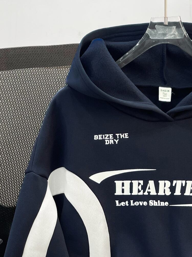 SHEIN Teen Girl Colorblock Letter Print Pattern Loose Casual Sweatshirt,In Fall/Winter - Blue and White - View 5