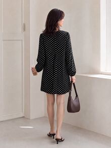 Yumoku Women's Polka Dot Print V-Neck Long Sleeve Dress - Black and White - View 7
